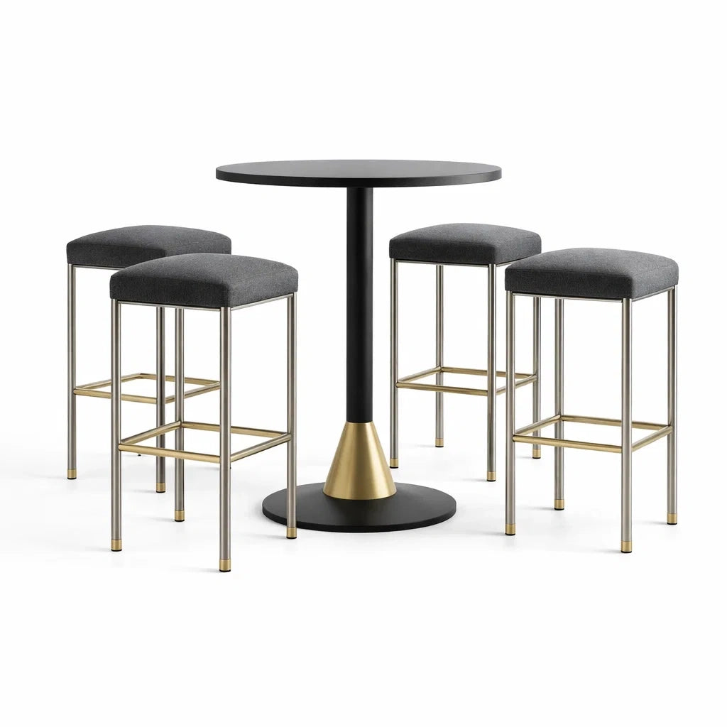 Barset mit Rundem Tisch aus Metall und Hocker mit Stoffbezug