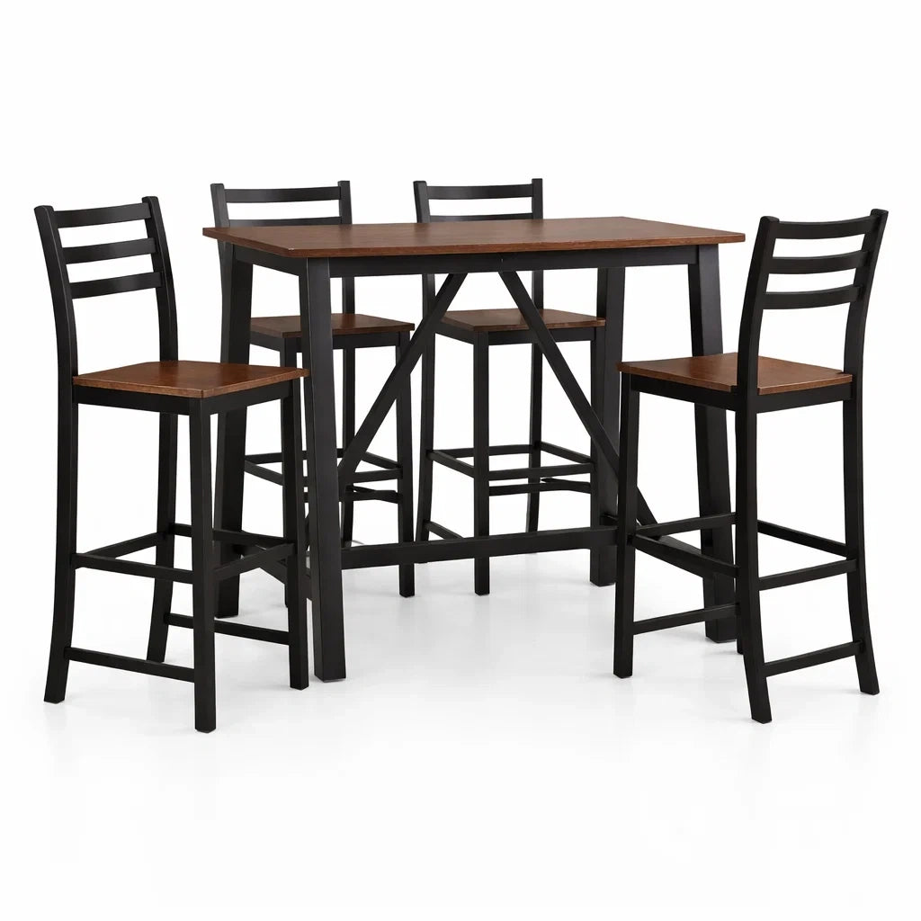 Essgruppe Bartisch mit 4 Stühlen Holz Metall Braun/Schwarz