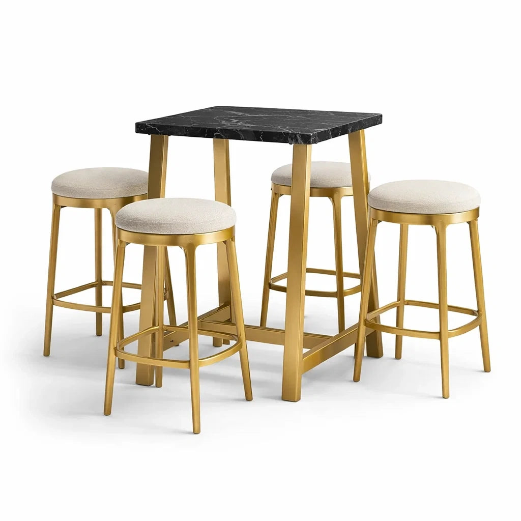 Essgruppe mit 4 Hockern, Marmor, Metall, Schwarz/Gold