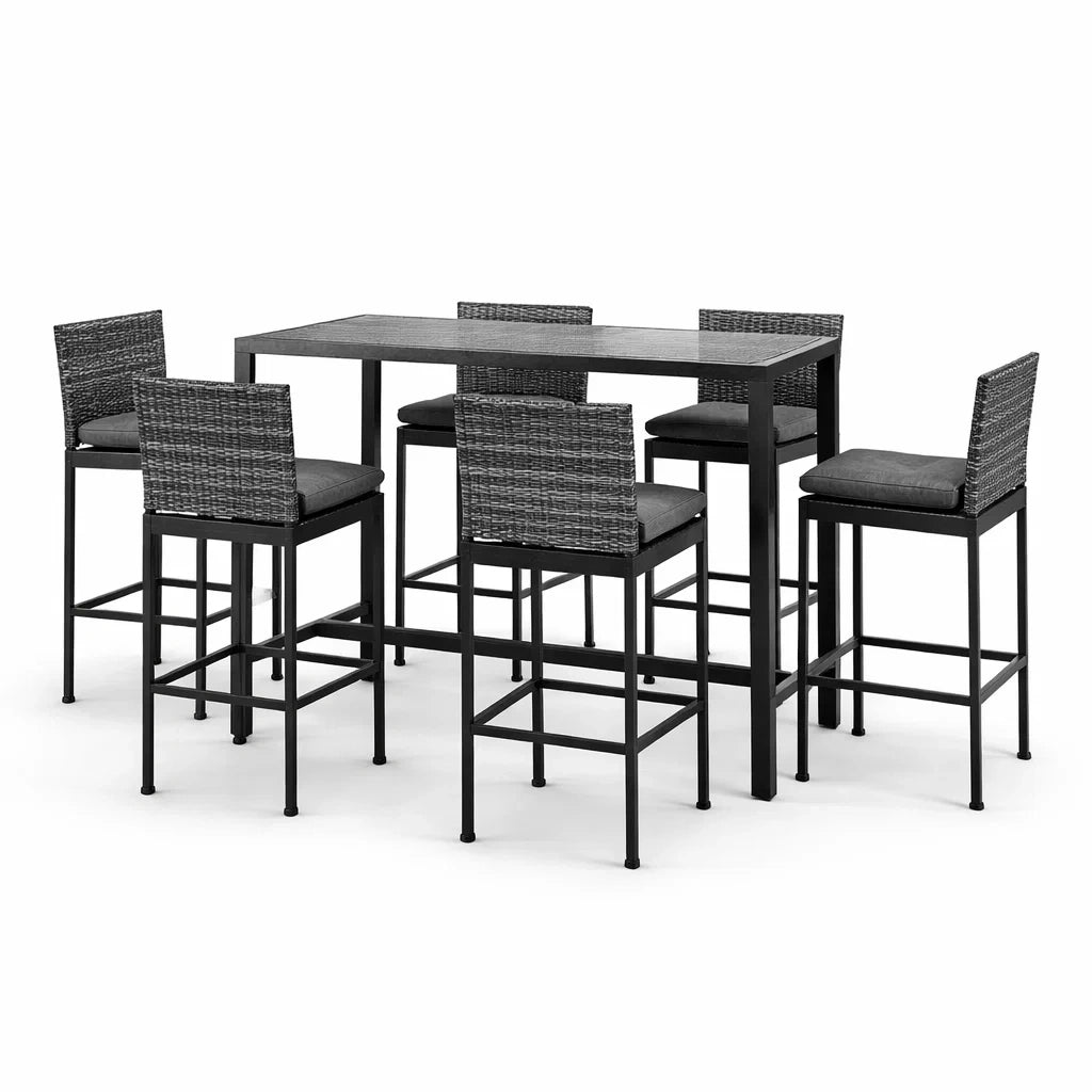 Polyrattan Garten-Bartisch-Set 7-teilig mit Rechtecktisch Grau/Schwarz