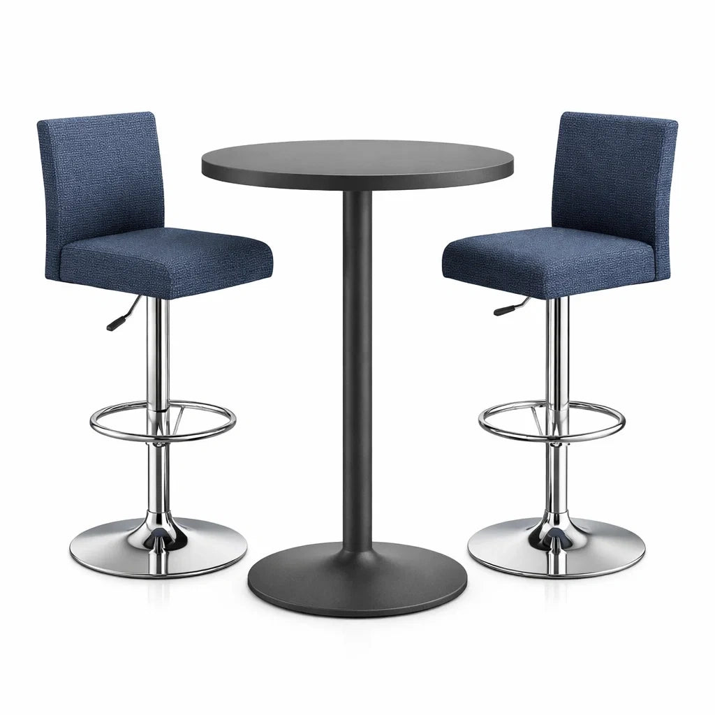 3-teiliges Bartisch-Set mit höhenverstellbaren Polyester Barhockern, Schwarz/Blau