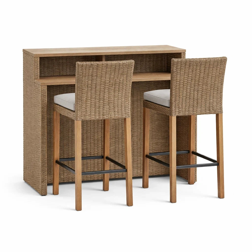 Bar-Set aus Rattan und Holz mit 2 Barhockern