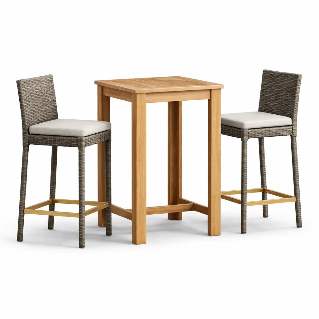 Bar-Set Quadratisch Teak- und Rattan-Geflecht Grau