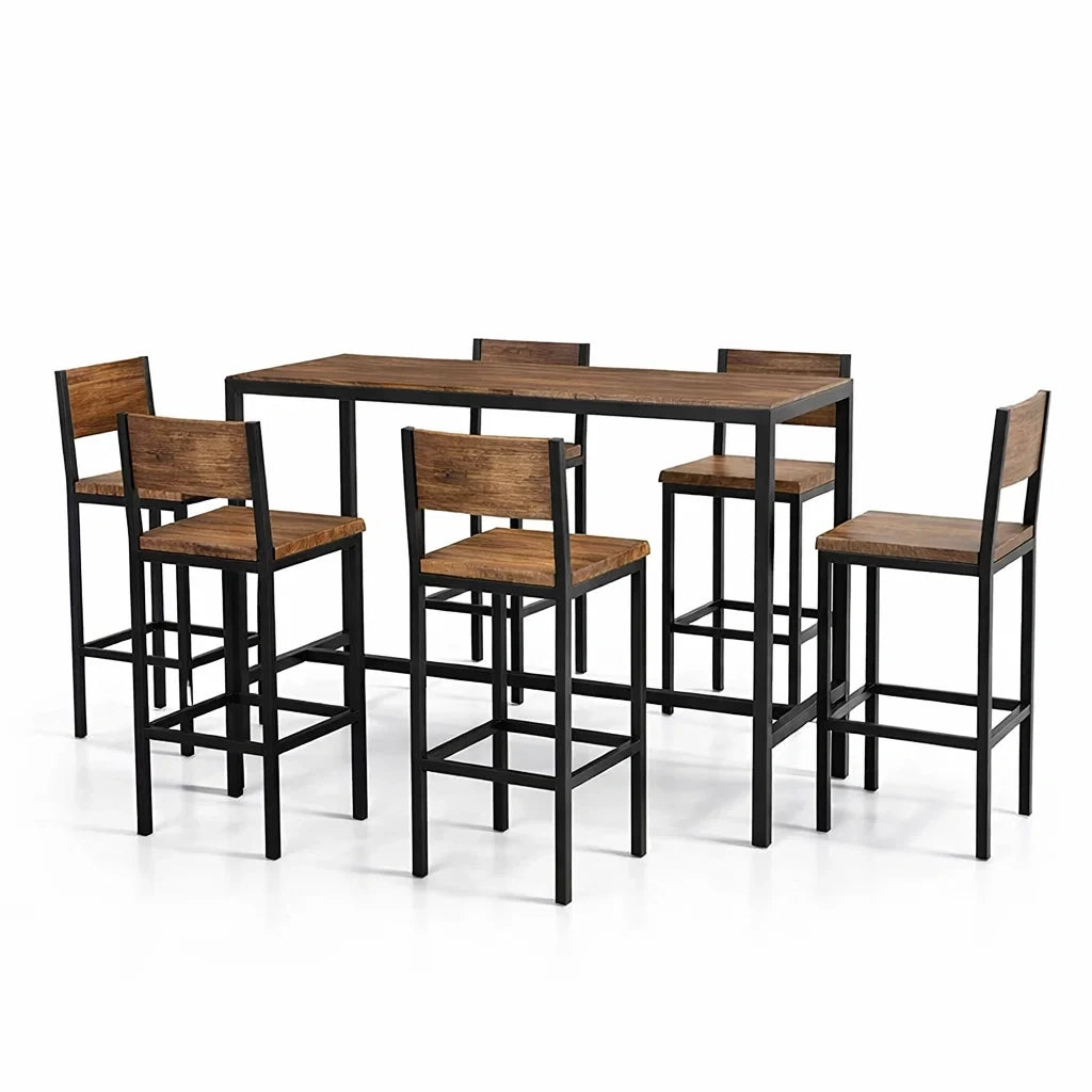 Esstisch-Set mit 6 Barhockern Stahlrahmen Holzoptik