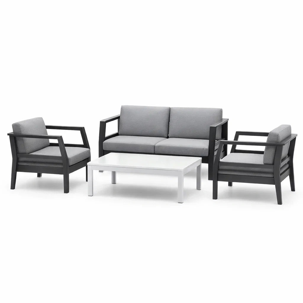 Gartenmöbel-Set Aluminiumrahmen Polyestergewebe Sicherheitsglas 2x Sessel 1x Sofa Grau/Schwarz/Weiß