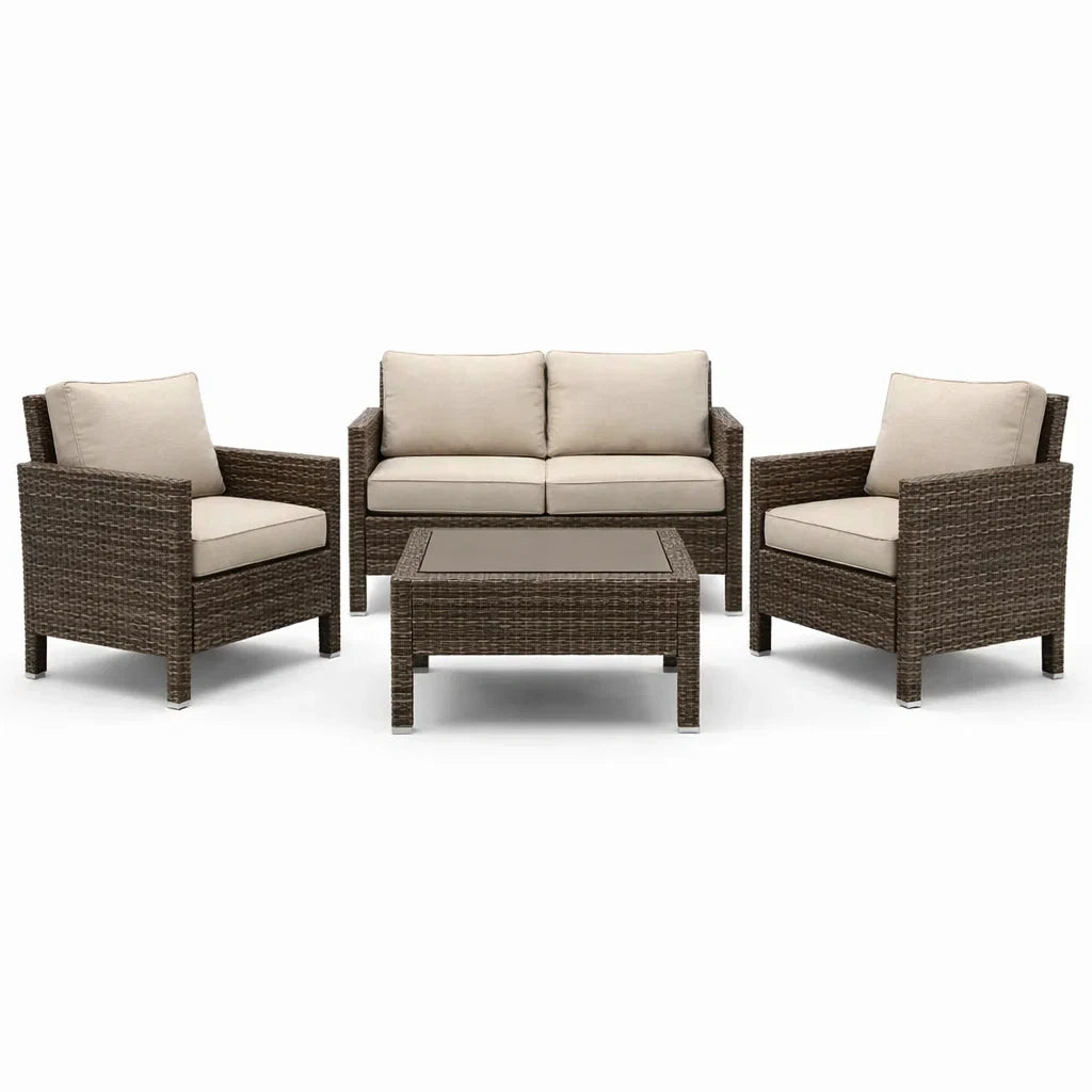 4-teiliges Gartenmöbelset aus Polyrattan mit Glas und Kissen Braun/Beige