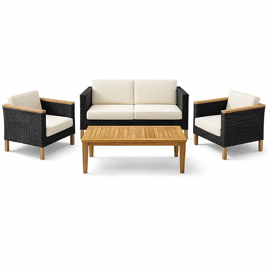 Gartenmöbel-Set aus Polyrattan mit Akazienholz und Kissen Creme
