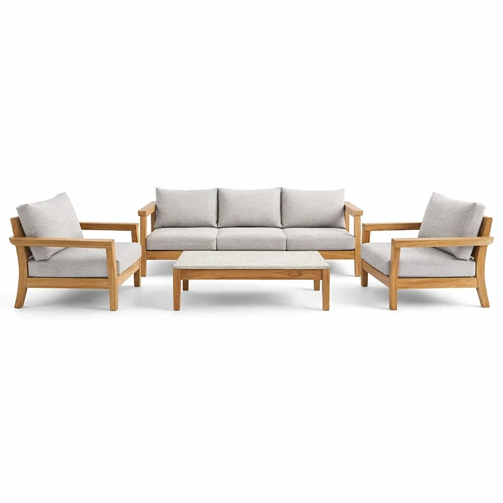 Teakholz Gartenmöbel-Set mit 3-Sitzer Sofa und hellgrauem Polyesterbezug