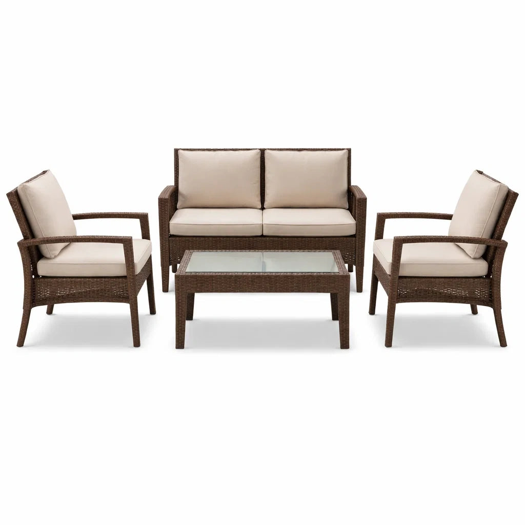 Gartenmöbelset aus Rattan mit Glastisch Braun/Beige